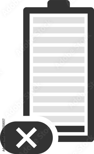 Simple battery icon showing discharged status with a cross sign and grey charge indicator, useful for energy, power and electricity concepts