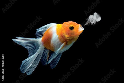 Close-up of an orange and white Goldfish blowing a smoke ring photo