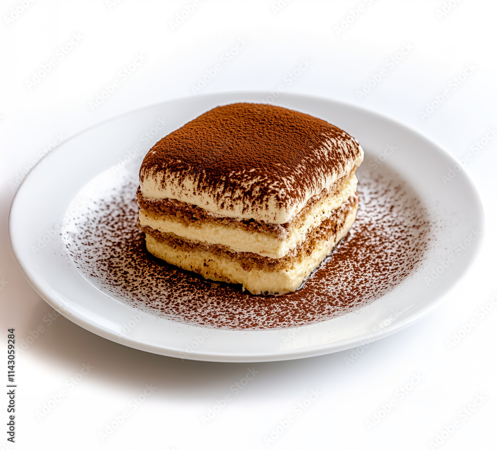 Classic Tiramisu Dessert on a White Plate with Cocoa Dusting Classic Tiramisu Dessert on a White Plate with Cocoa Dusting
