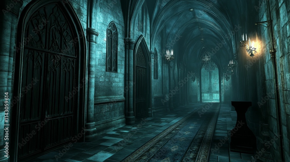 Dark, gothic hallway; stone walls, arched ceilings, dim lighting. Dark, gothic hallway; stone walls, arched ceilings, dim lighting.
