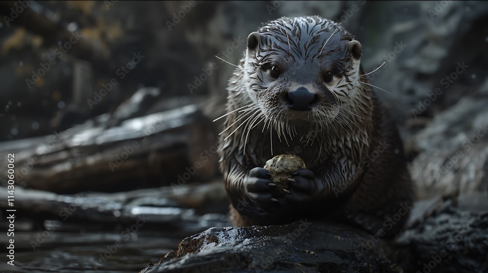 A playful otter holding a small stone in its paws A playful otter holding a small stone in its paws