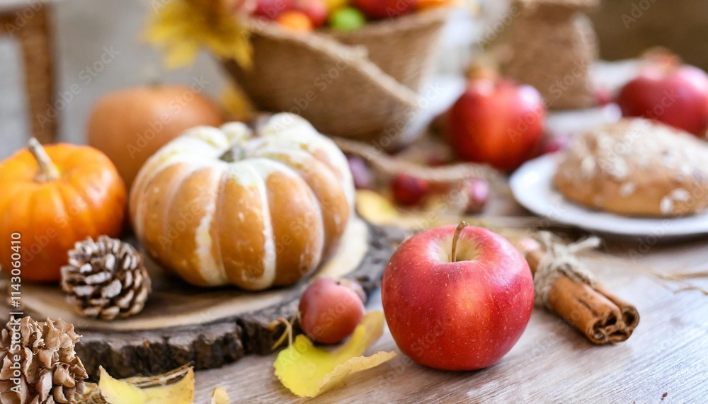 Autumn Harvest Table with Pumpkins, Apples, Fresh Bread, and Rustic Decorations Autumn Harvest Table with Pumpkins, Apples, Fresh Bread, and Rustic Decorations