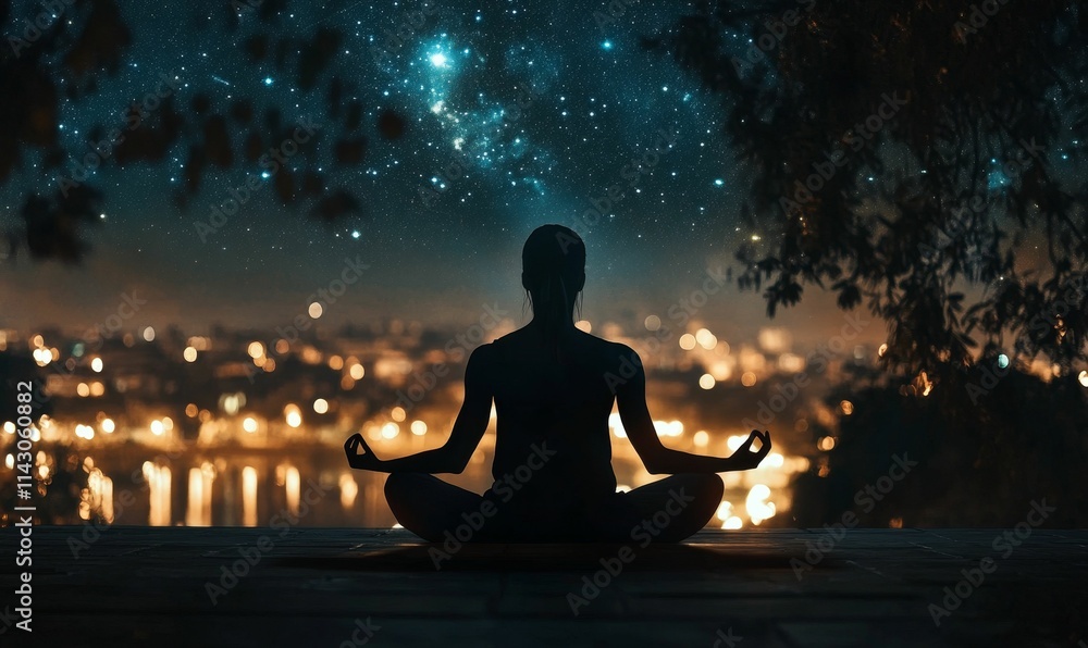 Silhouette meditates, city lights, starry night. Silhouette meditates, city lights, starry night.