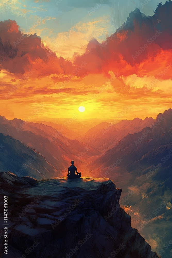 Sunset, mountains, clifftop, meditative figure, peaceful scene. Sunset, mountains, clifftop, meditative figure, peaceful scene.