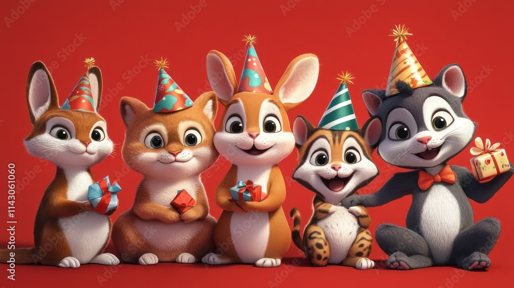 Five adorable cartoon animals, rabbits and cats, wearing party hats and holding gifts, celebrate a birthday on a red background.