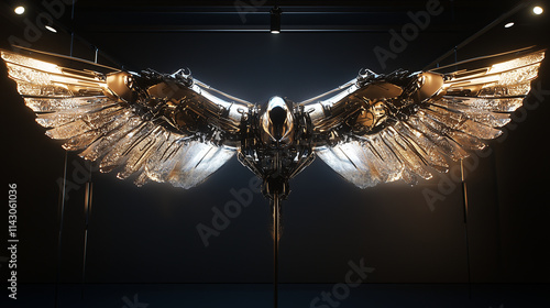 A futuristic reimagining of LeonardoÃ¢ÂÂs flying machine with metallic wings, adorned with complex patterns and illuminated details photo