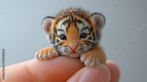 Close-up of a small tiger cub resting its head on a person’s hand