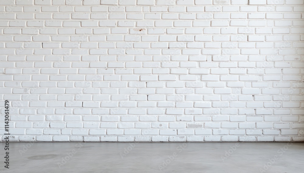 Empty room with white brick wall, gray floor. Simple, clean design. Ideal backdrop for product displays interior design inspiration. Rustic style. Suitable for various design purposes. Versatile Empty room with white brick wall, gray floor. Simple, clean design. Ideal backdrop for product displays interior design inspiration. Rustic style. Suitable for various design purposes. Versatile