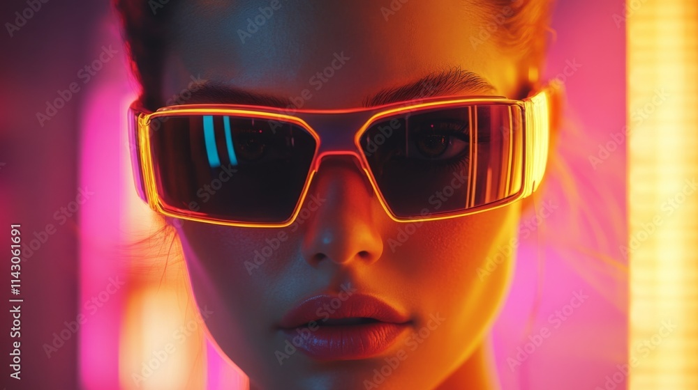 Stylish woman wearing futuristic orange sunglasses with neon lighting Stylish woman wearing futuristic orange sunglasses with neon lighting