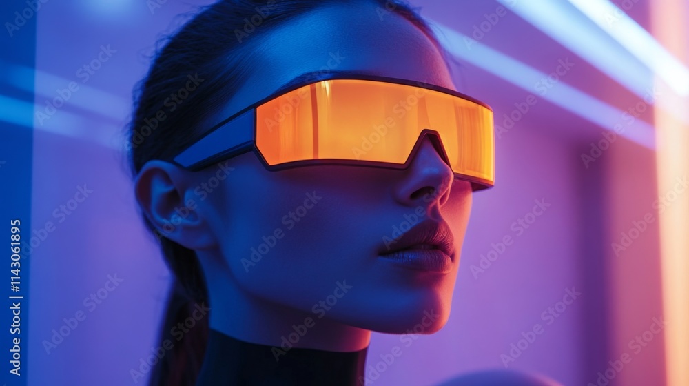 Close-up portrait of a woman in futuristic orange-tinted sunglasses Close-up portrait of a woman in futuristic orange-tinted sunglasses
