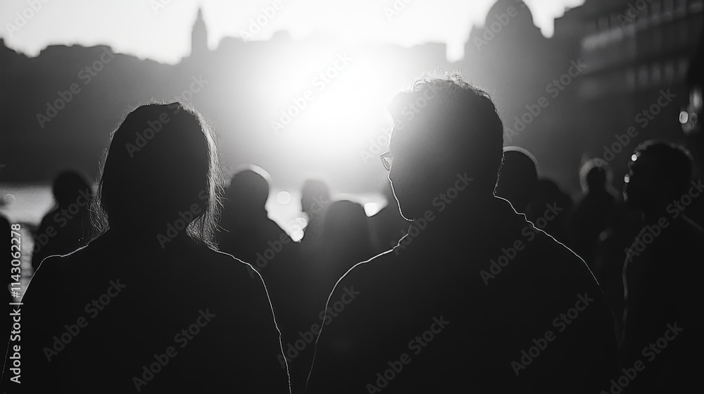 Black and white silhouettes of a crowd standing in bright backlight Black and white silhouettes of a crowd standing in bright backlight
