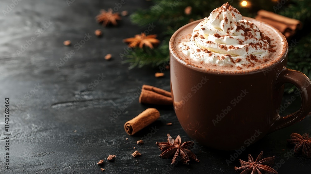 Tasty hot cocoa drink with whipped cream in mug and spices on black wooden table, space for text Tasty hot cocoa drink with whipped cream in mug and spices on black wooden table, space for text