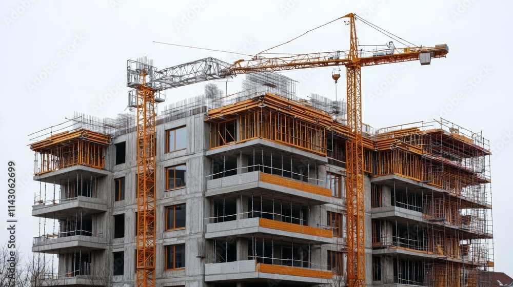 Construction site of modern building with cranes under blue sky Construction site of modern building with cranes under blue sky