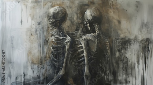 An evocative abstract painting of two skeletons back to back, rendered in grayscale tones with a dripping paint effect. The dark, haunting mood complements the conceptual artwork. AI generated. photo