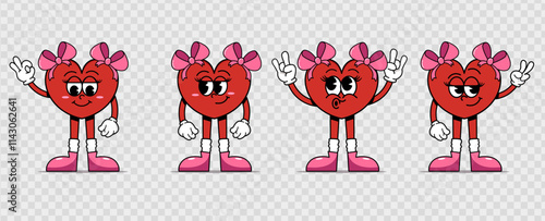 Retro heart character girl with bows, different poses and facial expressions. Cute love symbols with faces, different poses, arms and legs. Playful, cheeky happy hearts in trendy retro comic style. 