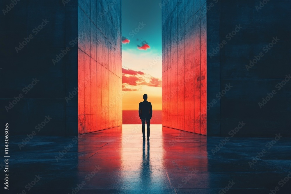Silhouette contemplates ocean sunset, between tall walls. Silhouette contemplates ocean sunset, between tall walls.