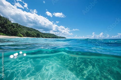 Turquoise waters gently ripple under a bright sun, with lush greenery lining the sandy beach, creating a peaceful tropical atmosphere. Generative AI photo