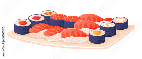 Japanese Asian food on plate. Isolated hand drawn vector concept Japanese cafe, bar, restaurant. Rolls with salmon, tuna, avocado, rice, cream cheese, sushi with slice salmon and shrimp.