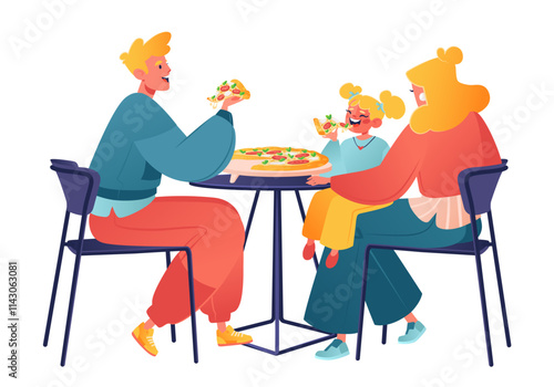 Family in pizzeria, cafe, restaurant or food court in Shopping Center. Young father, mother with little girl enjoying traditional Italian dish. Concept of family vibes fast food, time in family circle