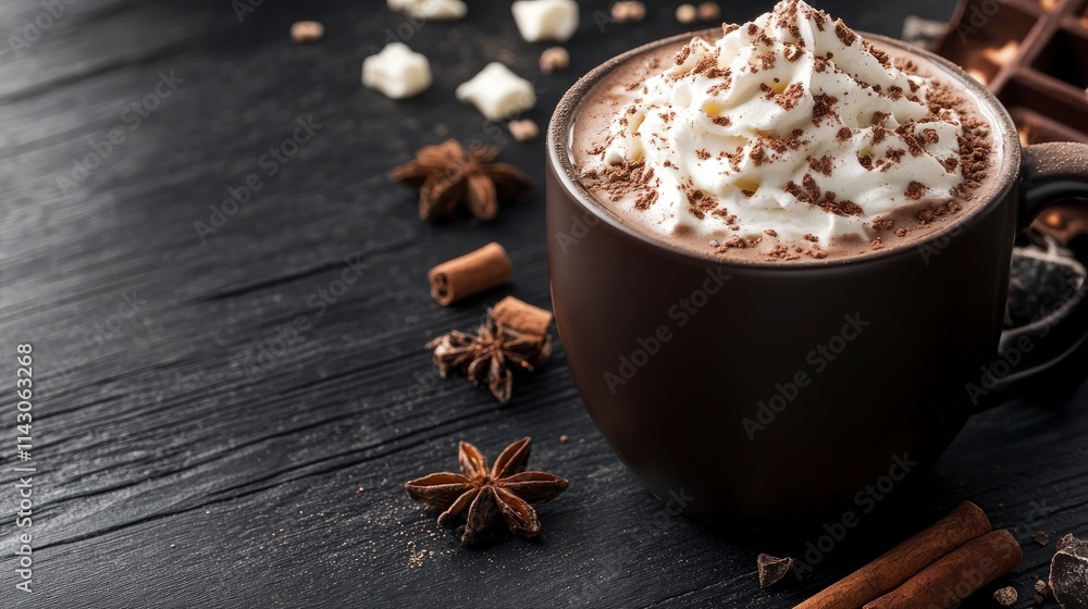 Tasty hot cocoa drink with whipped cream in mug and spices on black wooden table, space for text Tasty hot cocoa drink with whipped cream in mug and spices on black wooden table, space for text