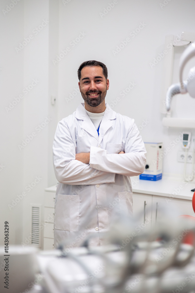 vertical Portrait of smiling dentist posing with crossed arms in his clinic vertical Portrait of smiling dentist posing with crossed arms in his clinic