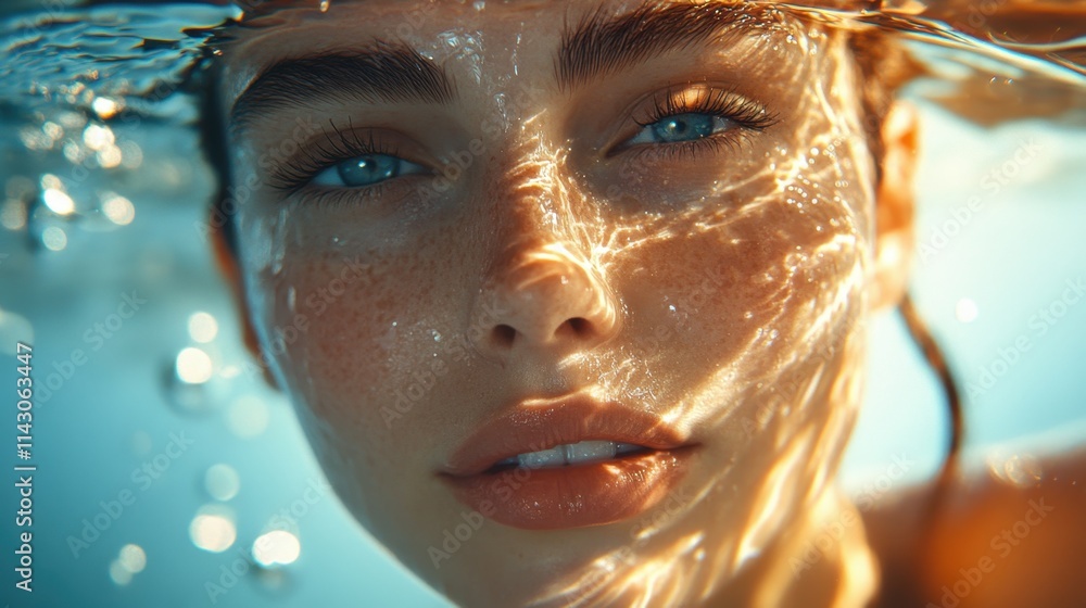 A close-up of a woman submerged in water, with sunlight creating shimmering patterns on her face, embodying peace and beauty in a relaxing summer setting. Generative AI A close-up of a woman submerged in water, with sunlight creating shimmering patterns on her face, embodying peace and beauty in a relaxing summer setting. Generative AI