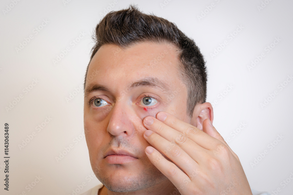 Obraz premium Man's eyes with pus redness like chalazion caused by blocked sebaceous glad on lower eyelid. Hordeolum. Viral infection