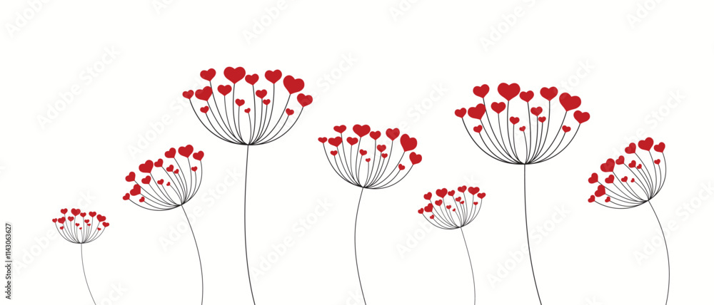 Dandelion with hearts. Happy Valentine's Day greeting card. Lovely romance flower. Congratulations with Love. Valentine's Day Spring and Summer Vector illustration background.