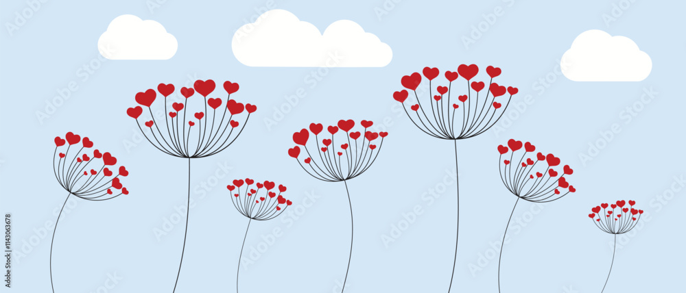 Dandelion with hearts. Happy Valentine's Day greeting card. Lovely romance flower. Congratulations with Love. Valentine's Day Spring and Summer Vector illustration background.