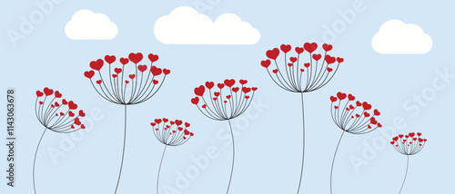 Dandelion with hearts. Happy Valentine's Day greeting card. Lovely romance flower. Congratulations with Love. Valentine's Day Spring and Summer Vector illustration background.