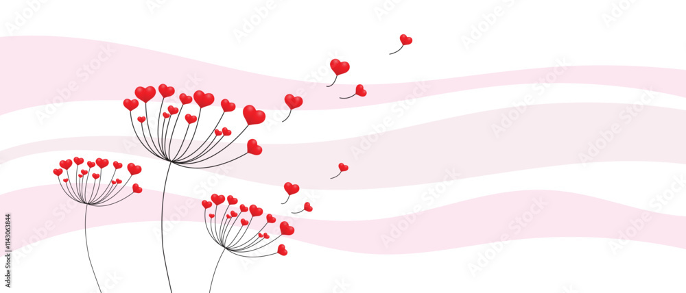Dandelion with hearts. Happy Valentine's Day greeting card. Lovely romance flower. Congratulations with Love. Valentine's Day Spring and Summer Vector illustration background.