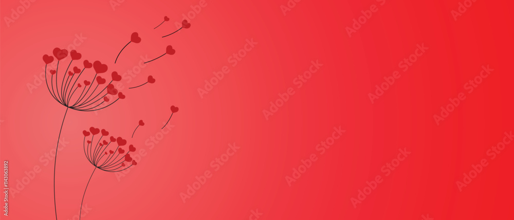 Dandelion with hearts. Happy Valentine's Day greeting card. Lovely romance flower. Congratulations with Love. Valentine's Day Spring and Summer Vector illustration background.