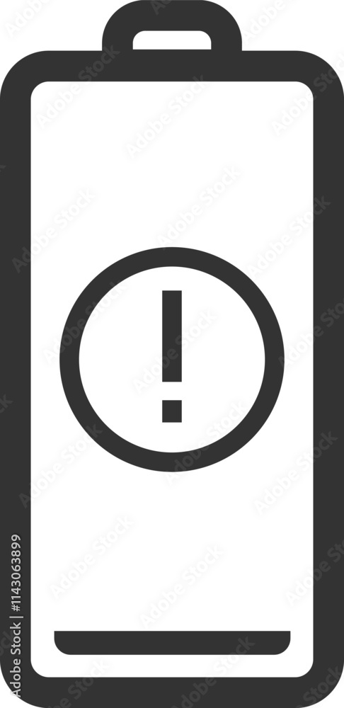 Simple battery icon depicting low charge, featuring an exclamation mark warning sign, presented as an isolated vector illustration on a clean white background Simple battery icon depicting low charge, featuring an exclamation mark warning sign, presented as an isolated vector illustration on a clean white background