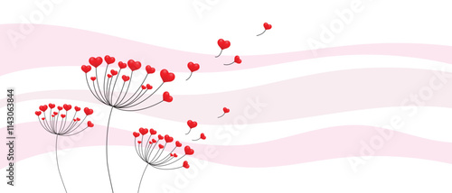 Obraz na płótnie Dandelion with hearts. Happy Valentine's Day greeting card. Lovely romance flower. Congratulations with Love. Valentine's Day Spring and Summer Vector illustration background. w salonie