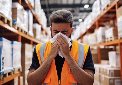 A man sneezes into a tissue while standing in a warehouse, a worker in an orange vest is sick, concept of illness flu, disease, allergy, virus,