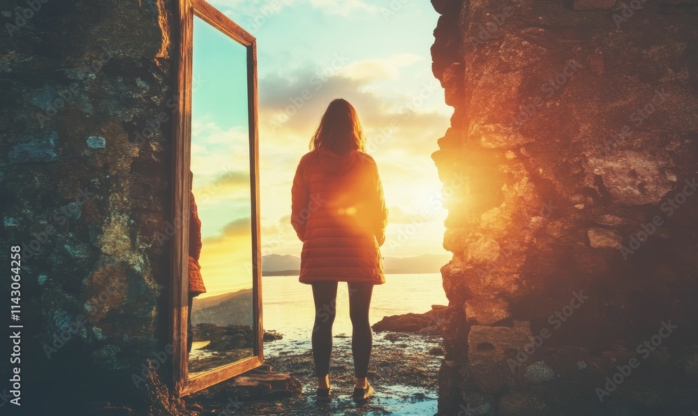 Fototapeta premium Person sunset ocean stone mirror reflection.