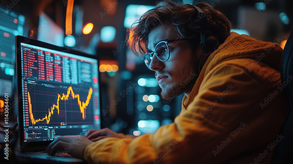 Young man analyzes stock market data on computer while wearing headphones in a modern trading environment Young man analyzes stock market data on computer while wearing headphones in a modern trading environment