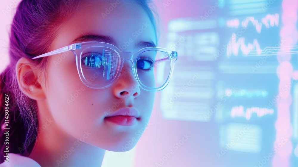 A girl wearing transparent glasses focuses on vibrant digital screens full of data and graphics in a technology-driven setting at dusk. Generative AI A girl wearing transparent glasses focuses on vibrant digital screens full of data and graphics in a technology-driven setting at dusk. Generative AI