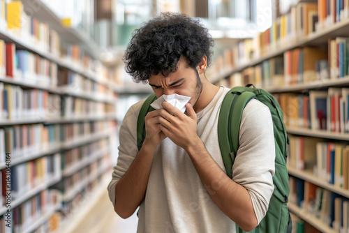 A student stands in a library, holds his nose and sneezes into a paper napkin. concept of illness flu, disease, allergy, virus,