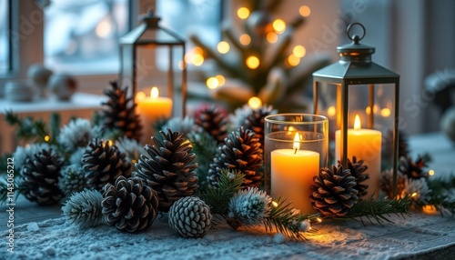 Winter interior scene. Christmas decorations including pinecones, warm lights. Candles burn softly in decorative lanterns. Festive atmosphere in cozy room. Decorated table with pinecones, candles.