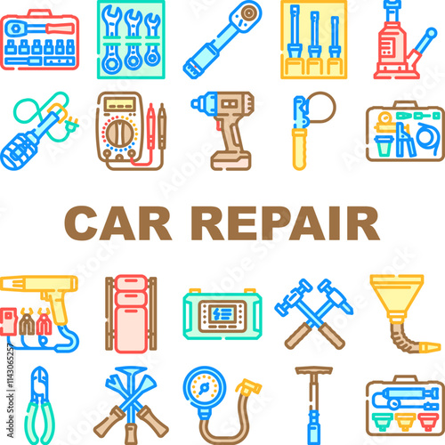 car repair tools icons set vector. wrench socket, ratchet pliers, jack, lift screwdriver, multimeter, compressor torque car repair tools color line illustrations