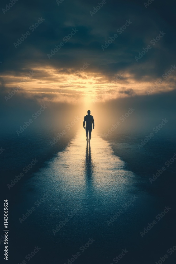 Solitary figure walks toward bright, misty horizon. Solitary figure walks toward bright, misty horizon.