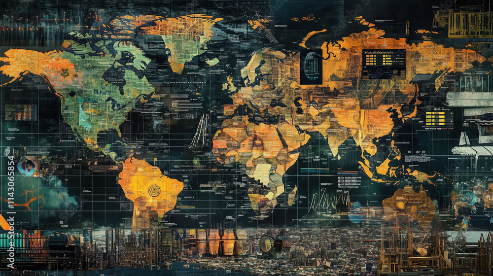 Fototapeta premium Collage of Global Maps Illustrating Dominant Economic Sectors, Key Exports, Industries, and Natural Resources with Charts and Futuristic Data Overlays Highlighting International Trade Patterns and Eco