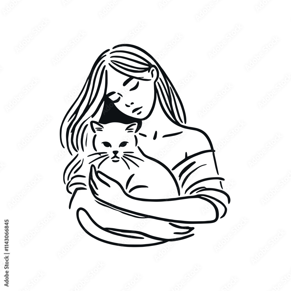A girl hugs a white cat. Black line art illustration isolated on white background A girl hugs a white cat. Black line art illustration isolated on white background