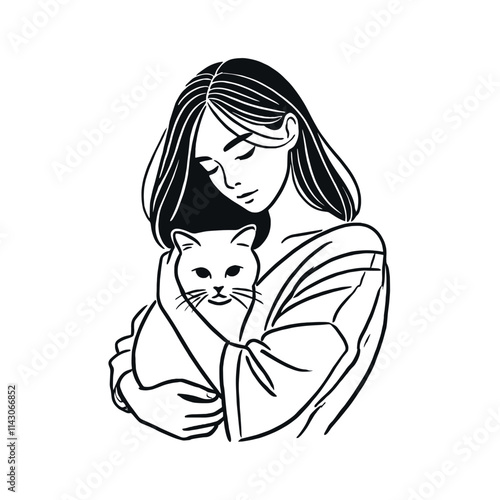 A girl hugs a white cat. Black line art illustration isolated on white background