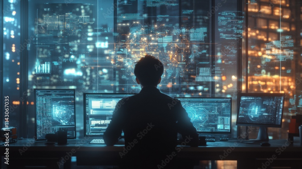 Person engages with advanced computer systems in a high-tech office, surrounded by glowing city lights during nighttime, focused on data analysis tasks. Generative AI Person engages with advanced computer systems in a high-tech office, surrounded by glowing city lights during nighttime, focused on data analysis tasks. Generative AI