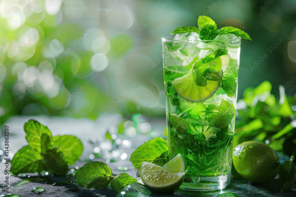 Refreshing mojito cocktail with mint, lime, and ice cubes in a frosty glass, capturing the essence of summer. Refreshing mojito cocktail with mint, lime, and ice cubes in a frosty glass, capturing the essence of summer.