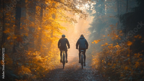 Wallpaper Mural Two cyclists ride a path through a sunlit autumn forest. Torontodigital.ca