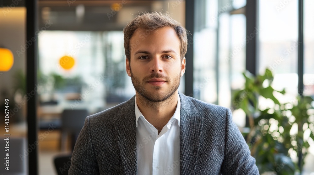 Obraz premium A man with a confident expression is seated in a contemporary office, surrounded by greenery and bathed in natural light, conveying professionalism and ease. Generative AI