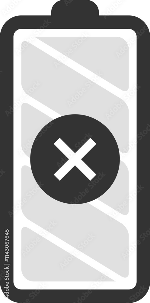 Simple battery icon showing a cross sign, indicating low power or depleted energy reserves, symbolizing the need for charging or replacement Simple battery icon showing a cross sign, indicating low power or depleted energy reserves, symbolizing the need for charging or replacement
